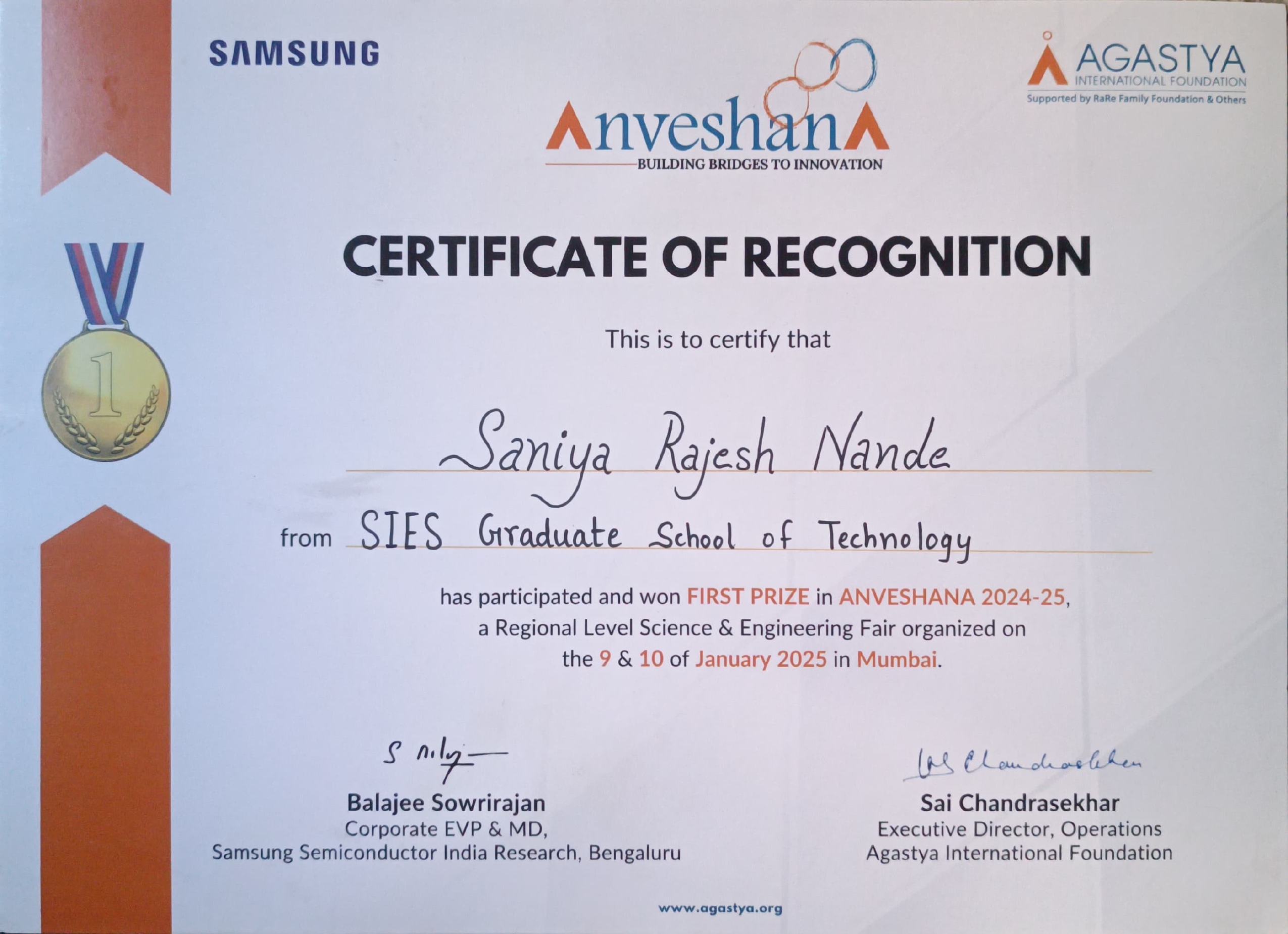 First Place in Regional Level Competition at Anveshana